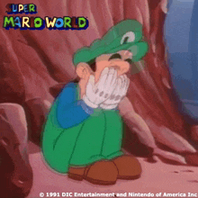 a cartoon of luigi from super mario world covering his face with his hands