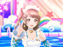 a girl giving a peace sign in front of a colorful background