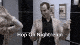 a man and a woman are dancing in a room with the words hop on nightreign written on the bottom of the image .