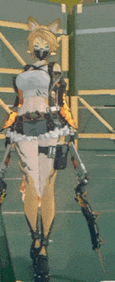 a woman with a mask on her face is holding two guns