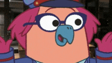 a cartoon character with pink hair and glasses is wearing a hat and gloves