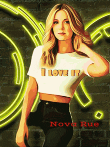 a drawing of a woman wearing a crop top that says i love it