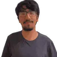 a man with glasses and a beard is wearing a blue shirt