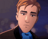 a cartoon man in a suit and tie is looking at the camera with his hand on his chin .