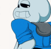 a cartoon drawing of sans from undertale wearing a blue sweater and a scarf .