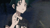 a girl with green hair is wearing a black shirt that says " hit "