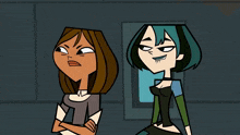 two cartoon characters standing next to each other with one making a funny face