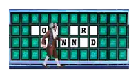 a man in a costume is walking in front of a wheel of fortune