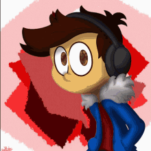 a drawing of a boy wearing headphones and a red background