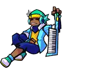 a cartoon character with headphones and a keyboard in his hand
