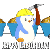 a penguin wearing a hard hat is holding a pickaxe in front of a cart of corn
