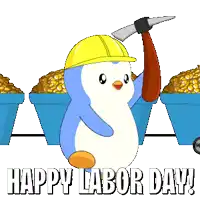 a penguin wearing a hard hat is holding a pickaxe in front of a cart of corn