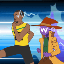 a cartoon drawing of a man wearing a yellow shirt that says jamaica