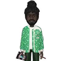 a man in a green jacket is holding a cigarette and a bag that says mighty cranberry