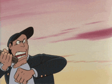 a man in a baseball cap is making a funny face with his mouth open