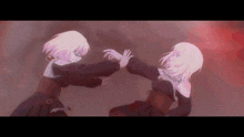 two anime girls are standing next to each other in a dark room holding hands .