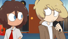 two cartoon characters are standing next to each other and one has a microphone in his hand