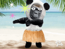 a picture of a gorilla wearing a panda costume and a hula skirt