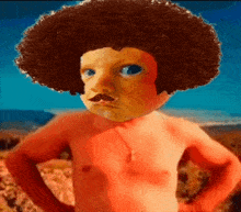 a shirtless child with an afro and mustache