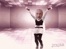 a man is dancing in a room with his arms in the air .