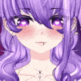 a close up of a girl with purple hair wearing earrings and a necklace