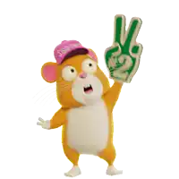 a hamster wearing a pink hat and holding up a number 2 foam finger
