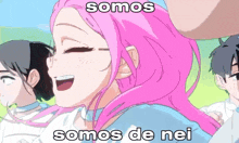 a girl with pink hair and the words somos somos de nei on her face
