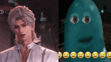 a man in a white shirt is next to a blue monster with smiley faces on its face .