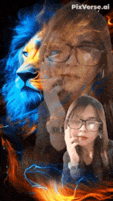 a woman with glasses is standing in front of a lion with a blue mane