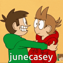a couple of cartoon characters hugging each other with the words junecasey written on the bottom