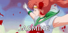 a girl in a sailor moon uniform is flying through the air with the word jasmine written on the bottom .