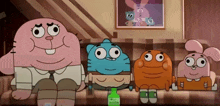 a group of cartoon characters are sitting on a couch with gumball holding a bottle of gum