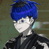 a drawing of a person with blue hair wearing glasses and a choker