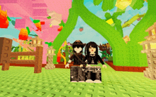 a boy and a girl are standing next to each other in a video game scene