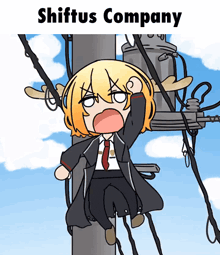 a cartoon of a girl hanging from a power pole with the words shiftus company below her