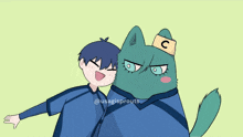 a drawing of a boy and a cat with the letters c on their heads