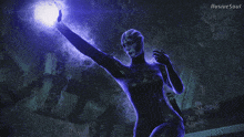 a woman in a purple bodysuit is holding a glowing object in her hand and the words illusive soul are behind her