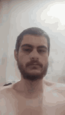 a shirtless man with a beard is looking at the camera