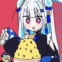 a cartoon drawing of a girl with white hair holding a container of rice
