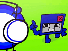a blue cartoon character with a red x on his hat is pointing up
