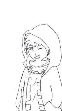 a black and white drawing of a person with a hood