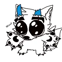 a cartoon drawing of a dog with its mouth open and the word woof below it