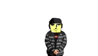 a man with a yellow face is wearing a black jacket that says ' yasu ' on it