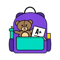 a purple backpack with a teddy bear and a a + in it
