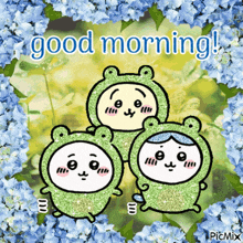 a good morning greeting card with three frogs