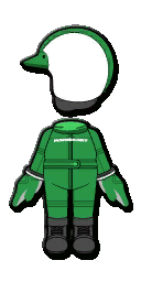 a cartoon character wearing a green jumpsuit and a helmet .