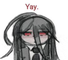 a drawing of a girl with long hair wearing a suit and tie with the words yay .