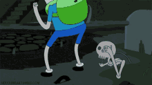 a cartoon character with a sad face is standing in a graveyard