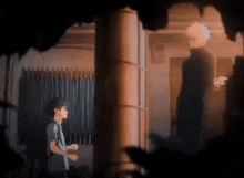a man is standing next to another man in a dark room .