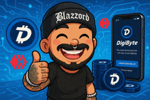 a cartoon of a man giving a thumbs up next to a phone that says digibyte